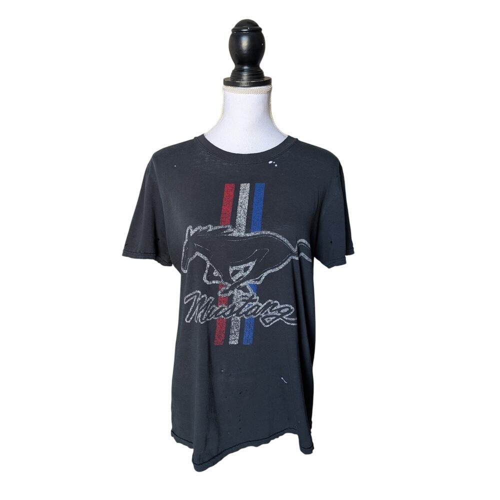 Ford Mustang Black Distressed Holes T Shirt Size Medium Short Sleeve Cotton